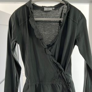 Noa Noa Danish Brand Gray Wrap Knit Top with Ruffle Eyelet Detail